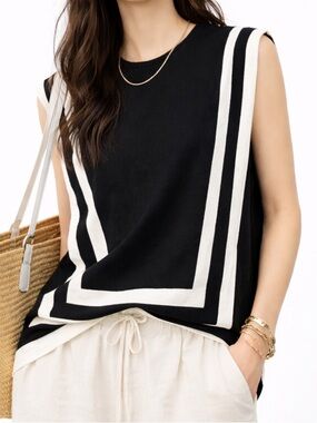 Black & White Knit Sleeveless Top Size L Minimalist Coastal Chic Quiet Luxury